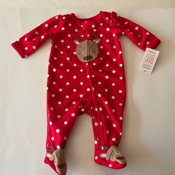 NWT 2 pieces Carter's Just One You red reindeer sleeper pajamas and Bib - Picture 2 of 9
